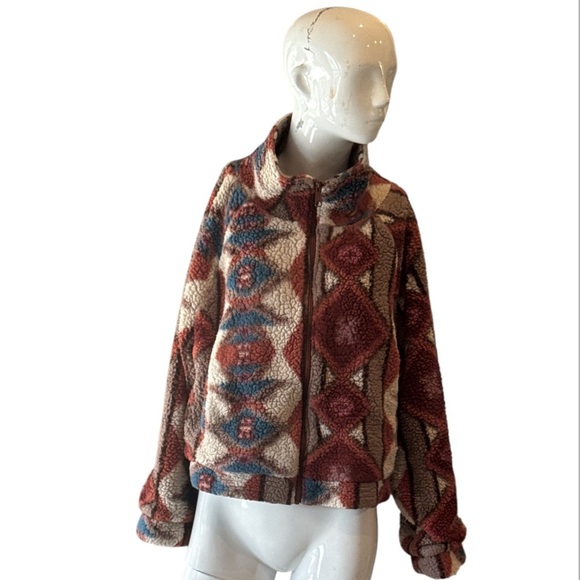 O’Neil Sherpa Teddy Aztec Geo Print Mock Neck Cream Multi Cropped Jacket Size L - Picture 3 of 12